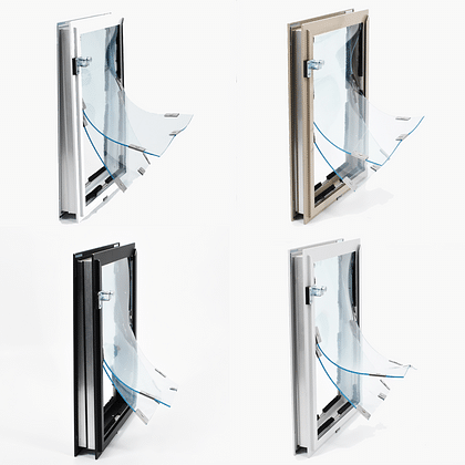 Hale Door Models in white, champagne, and black with clear flexible flaps